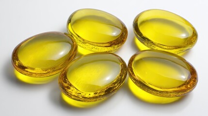 Healthy Pills: A close-up shot of transparent yellow pills, glistening invitingly. Perfect visual for health and wellness themes. 