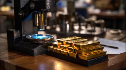 A table with a microscope and a stack of gold bars