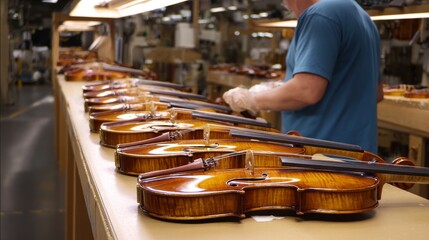 A man is working on a row of violins