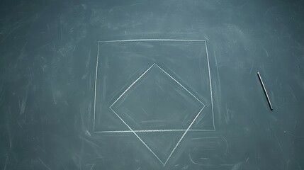 A chalkboard featuring a chalk-drawn square and diamond with a pencil on the side, symbolizing creativity and learning.