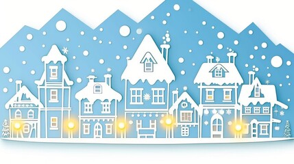 Charming winter village scene with snow-covered rooftops and twinkling lights, evoking a festive holiday spirit.