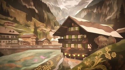 Charming winter scenery with a snow-covered chalet in a picturesque mountain landscape.