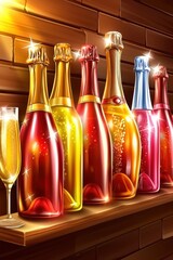 A vibrant display of colorful champagne bottles, capturing the festive spirit in a warm, inviting setting.