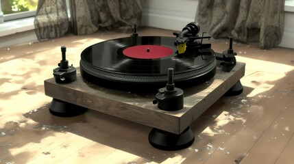 Elegant black turntable with vibrant red record, set in a sunlit room, showcasing vintage aesthetics and modern design.