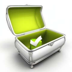 A sleek, open treasure chest with a vibrant green interior and a checkmark symbol, representing success and achievement.