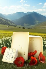 A variety of cheeses displayed amidst vibrant red poppies and lush green hills under a bright blue sky.