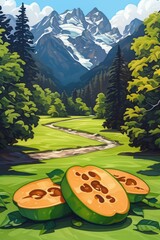 Vibrant landscape featuring slices of fresh melon in a serene mountain setting.
