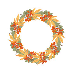 Autumn wreath of chestnut and oak leaves and rowan berries. Seasonal fall frame for text, advertisements, cards and invitations. Cute autumn vector illustration.