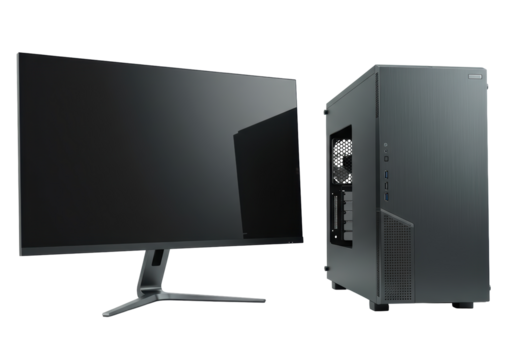 Isolated computer and monitor for gaming or office work with sleek design and modern technology