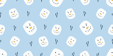 Snowman pattern on light blue background with cheerful designs for winter and holiday decor