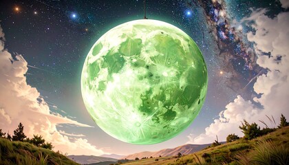 Large, glowing green moon over landscape at night