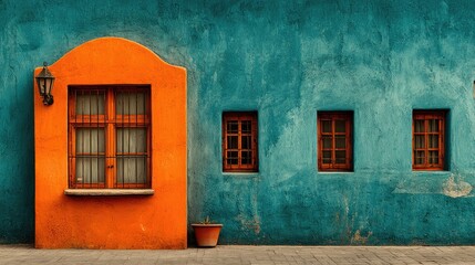 Obraz premium Vibrant orange facade with teal accents, featuring a window with a brown frame