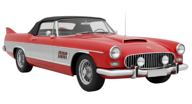 Isolated red classic vintage car with black top, old car, classic automotive design style