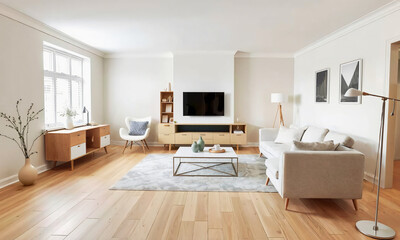 Fototapeta premium Scandinavian living room light oak floors pale birch furniture Generative AI
