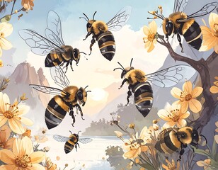 Colorful digital illustration of bees in flight, surrounded by flowers and a serene landscape