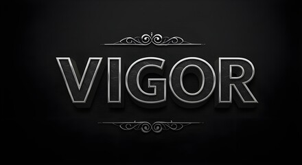 AI generated digital illustration / editable text effect Vigor Text Effect on Dark Background | Metallic Typography Design with Ornate Flourishes for Branding and Creative Projects