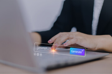 Prompt AI generation concept. Woman using Tablet to enter AI prompt and generate digital content, and productivity tools for content creation and marketing