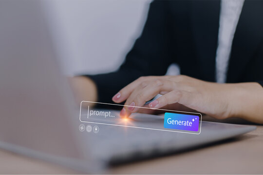 Prompt AI generation concept. Woman using Tablet to enter AI prompt and generate digital content, and productivity tools for content creation and marketing