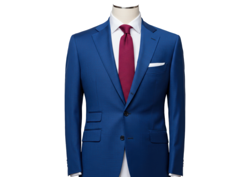 Isolated blue suit jacket with red tie and handkerchief, formal wear fashion for men