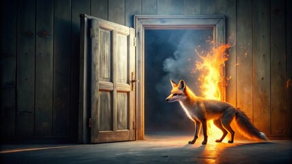A lone fox stands near a fiery doorway, a mystical scene of enchanting wilderness and burning mystery