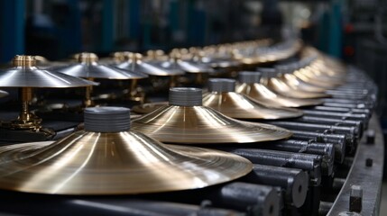 A row of shiny brass cymbals are being made in a factory