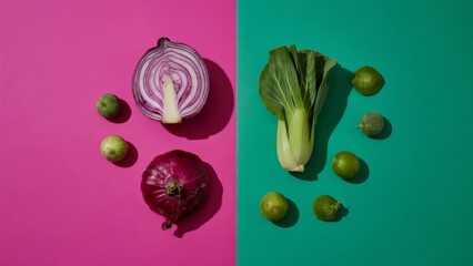 Naklejka premium Fresh vegetables including red onion, bok choy, and limes arranged on pink and green background
