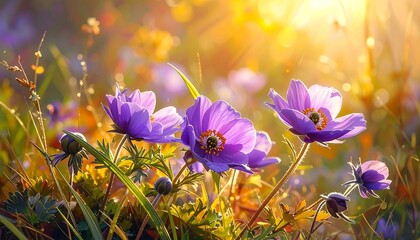 Vibrant purple anemones bathed in golden sunlight, showcasing a field of wildflowers in a beautiful natural setting.