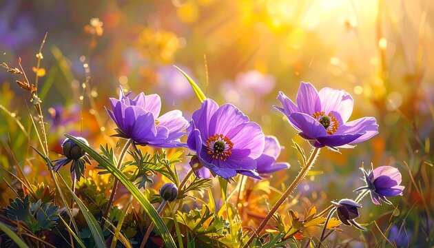 Vibrant purple anemones bathed in golden sunlight, showcasing a field of wildflowers in a beautiful natural setting.