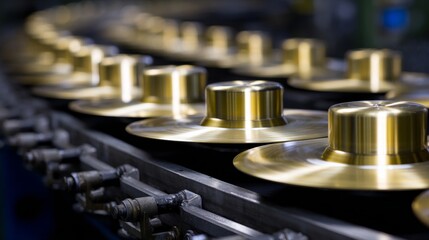 A row of gold hats are being made on a conveyor belt