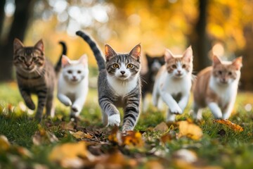 Obraz premium Group of diverse cats walking together through grass covered with fallen autumn leaves, creating a charming and whimsical scene