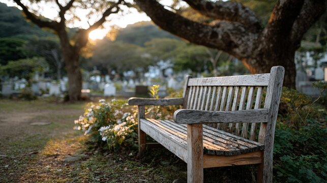 Rustic wooden bench in tranquil sunlit cemetery with lush trees