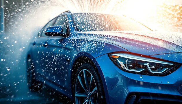 Sparkling blue car emerging from car wash, water droplets glistening,  transportation,  marketing