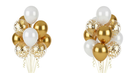 Isolated Balloons for party, gold and white balloons, helium filled for birthdays and celebrations.