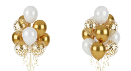 Isolated Balloons for party, gold and white balloons, helium filled for birthdays and celebrations.