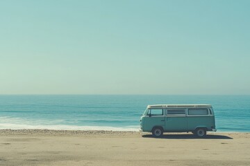 Vintage teal camper van parked on a deserted beach with serene turquoise ocean and pastel sky, capturing the essence of coastal road trip adventures