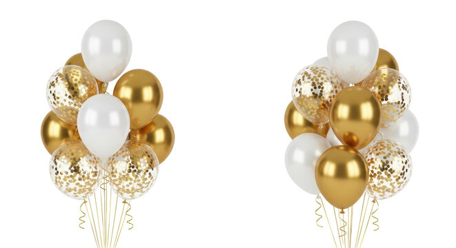 Isolated Balloons for party, gold and white balloons, helium filled for birthdays and celebrations.