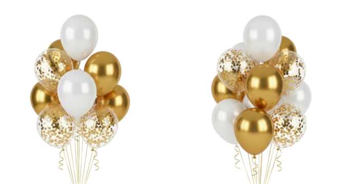 Isolated Balloons for party, gold and white balloons, helium filled for birthdays and celebrations.