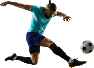 Intense soccer player jumping to strike ball in dynamic athletic motion on transparent background. Concept of energy, speed, competition, sport passion, fitness and emotional physical strength.