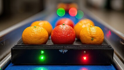Fresh citrus fruits on a conveyor belt in a food processing facility