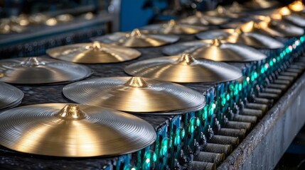 A row of shiny, golden cymbals are being made in a factory
