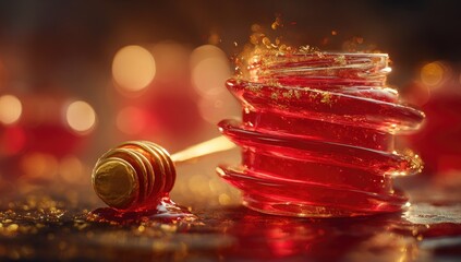 Red honey in glass jar, golden drizzles, elegant still life