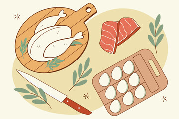 Chicken breast salmon fillet and eggs on a wooden cutting board representing healthy eating meal preparation and cooking ingredients