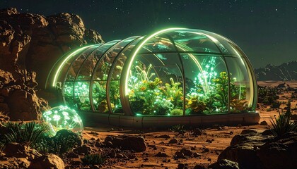 A futuristic greenhouse on Mars glowing with bioluminescent plants, viewed through a transparent d
