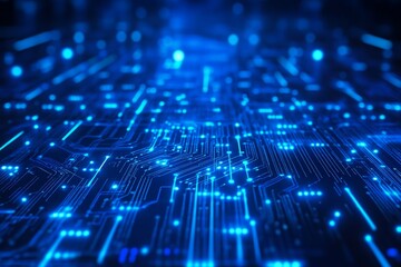 Obraz premium Close-up of a glowing blue circuit board representing advanced technology and electronic connections in the digital age