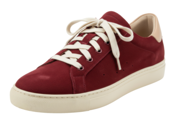 Isolated casual red-brown suede low-top sneaker with thick off-white sole and laces on floor