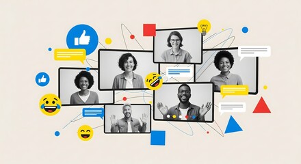 A dynamic collage representing a diverse team in a virtual meeting, symbolizing digital collaboration, online communication, and social networking