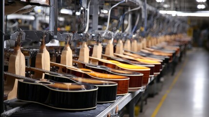 A row of guitars are being made in a factory