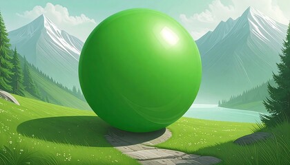 Large green sphere on a grassy path in a mountain landscape