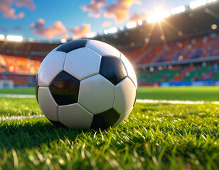 Soccer ball on green stadium grass
