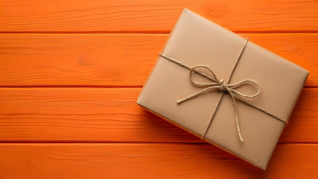 A gift wrapped in brown paper with a twine bow on an orange wooden background